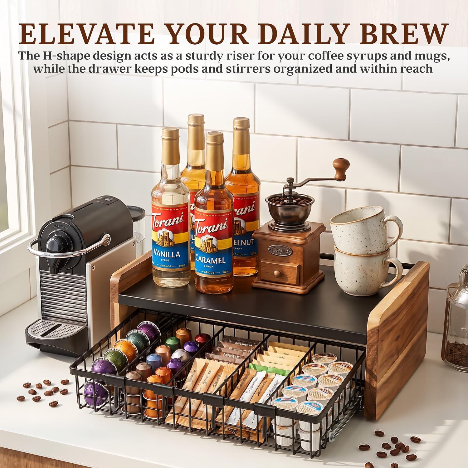 Acacia Wood Tea Bag Organizer for Countertop, 2-Tier Tea Box Storage Chest with Adjustable Dividers & Drawer, Fully Assembled Tea Station Display Holder for Kitchen Office, Rustic Brown