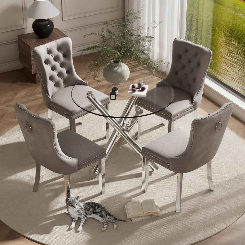 Modern Silver Round Glass Dining Table Set for 4, 36'' Luxury Minimal...