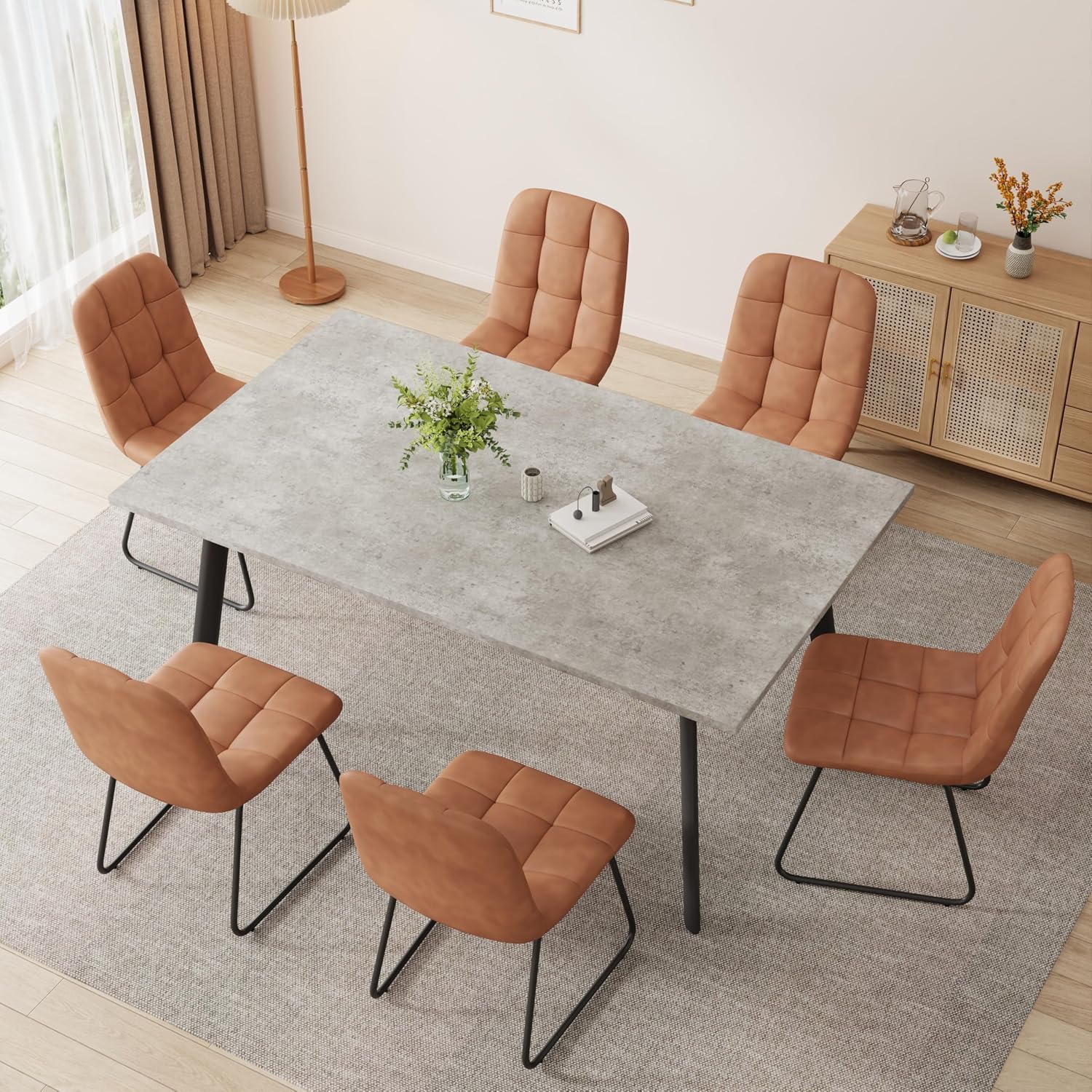 ZckyCine 59-Inch Modern Rectangular Dining Table Set with Wooden Table Top with Sturdy Metal Legs, 6 Leather Upholstered Dining Chairs for Easy Assembly, Suitable for Family Dining