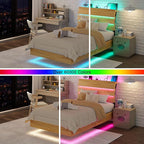 Feonase Floating Bed Frame Twin with Led Lights and Charging Station, Wood Full Size Bed Frame with Storage Headboard, Heavy Duty Metal Slats, No Box Spring Needed, Easy Assembly,Oak
