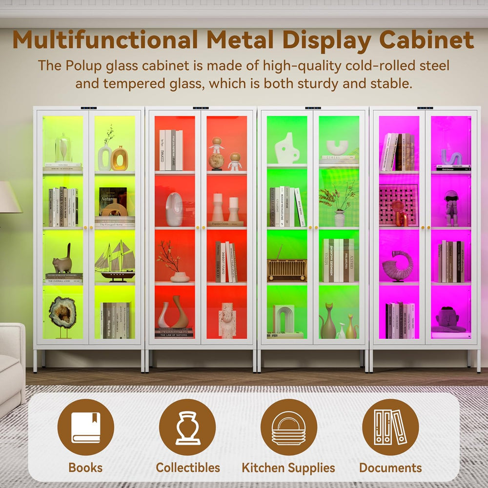 Polup Metal Glass Display Cabinet with Glass Doors, Lighted Curio Cabinet wit...