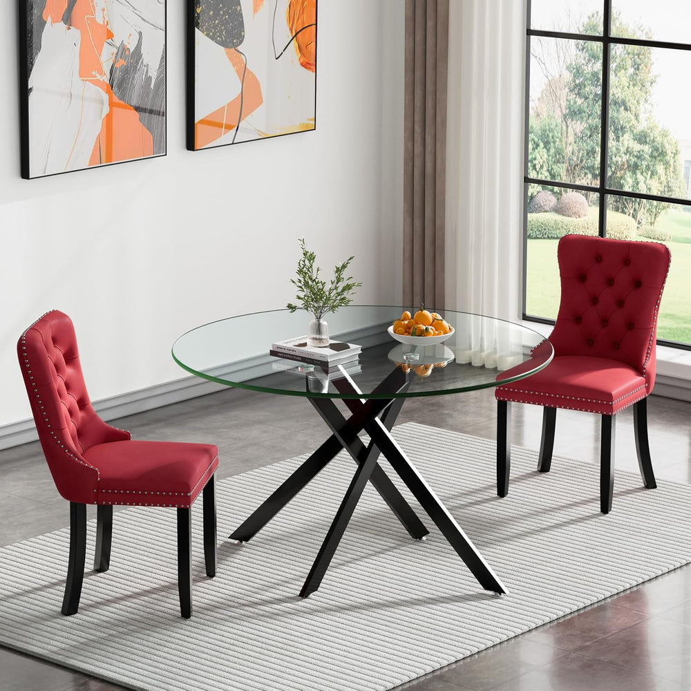 Henf 47.24" Round Dining Table with Black Metal Legs, Glass Kitchen Tabl...