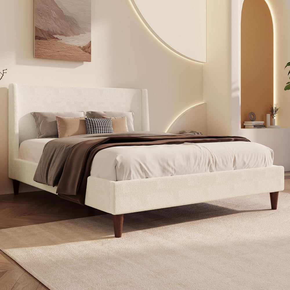 Modern Boucle Upholstered Platform Bed, with Wingback Headboard and Walnut Wo...