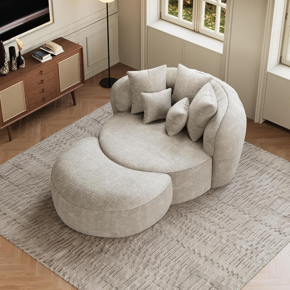 53.5" Oversized Round Chaise Lounge with Ottoman, Chenille, Beige White ...