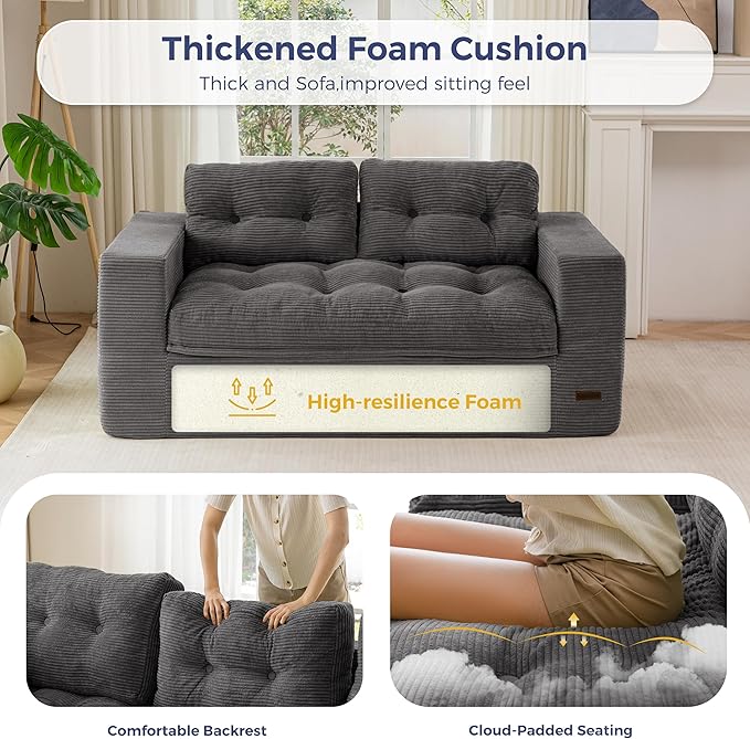 MAXYOYO 63" Loveseat Sofa Couch for Small Spaces, Upholstered Boneless Cloud Couch for Apartment Bedroom, 2-Seater Love Seat Floor Modern Sofa with Pillows, No Assembly Required, Dark Grey