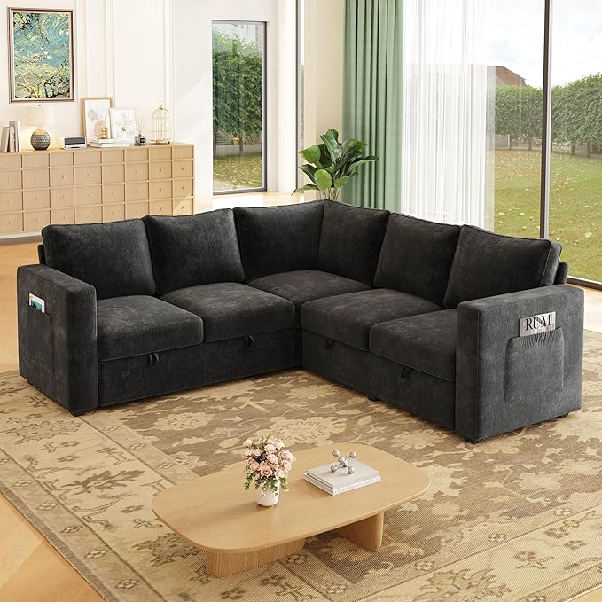 83.5" Sectional Sleeper Sofa with Pull Out Couch, Modern 5 Seat L Shaped Modular Couch, Sectionals Modular Sofa with Storage, Comfy Sectional Couches for Living Room & Apartment, Dark Gray