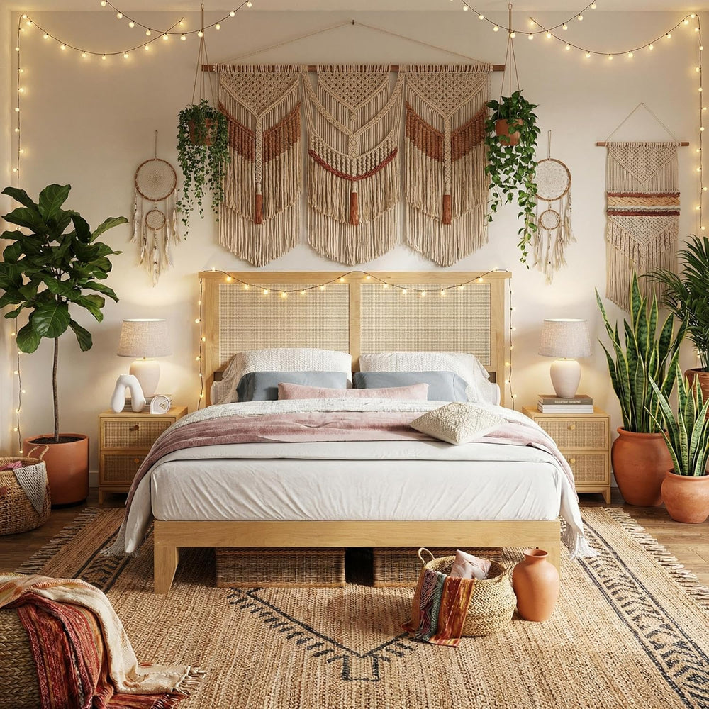Rattan Bed Frame Full Size with Natural Rattan Headboard & LED Lights