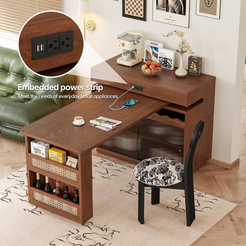 47" Expandable Mobile Kitchen Island with Power Outlet, 180° Sliding Tab...