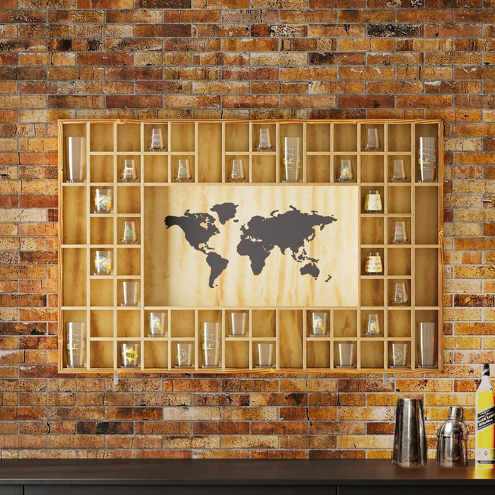 68 Large World Map Shot Glass Display Case Rustic Shot Glass Holder 37x 24.4i...