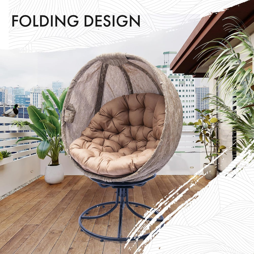 Oversized 360 Swivel Egg Chair - Foldable Rattan Seat w/Cushions, Outdoor Ind...