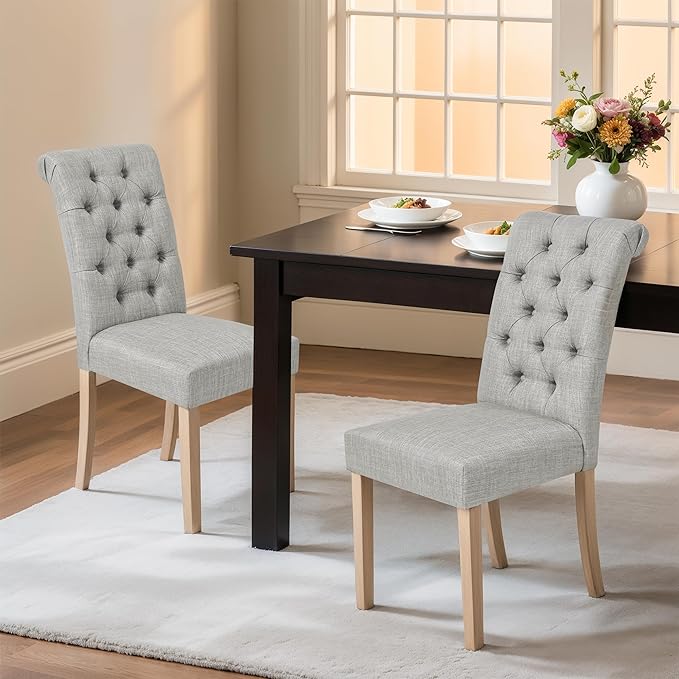 CHUN YI Dining Chairs Set of 6, Button Tufted Upholstered Fabric Dining Room Chairs with Solid Wood Legs and Curved Back, Parsons Side Chairs for Kitchen, Light Grey