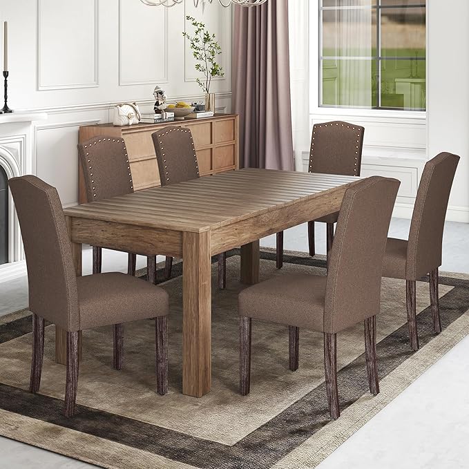 LSSBOUGHT Fabric Dining Chair Upholstered Parsons Kitchen Chair with Copper Nails and Solid Wood Legs for Dining Room,Restaurant (Taupe, 2PCS)