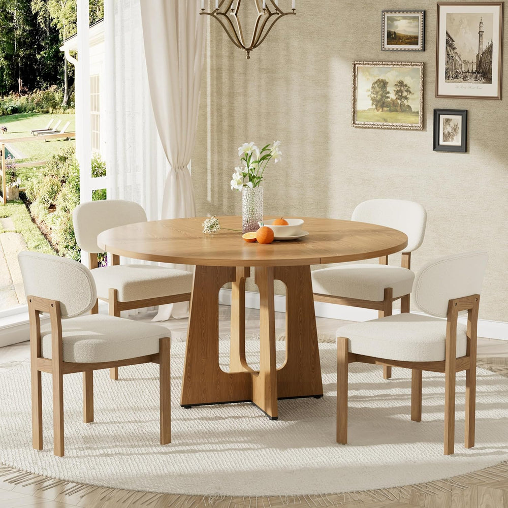 Modern 5-Piece Dining Table Set with 4 Chairs,Oak Round MDF Dining Table, Bei...
