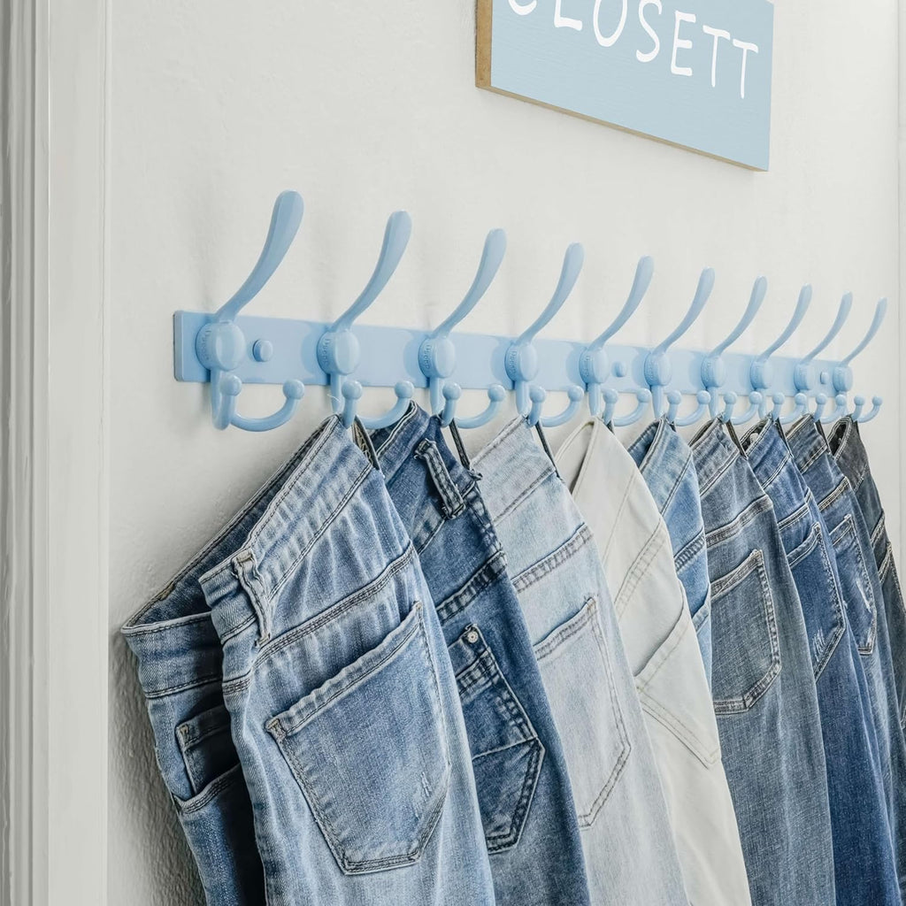 Dseap MaxStrong 2.0 Coat Rack Wall - 37” Long 10 Tri Hooks - Ultra Heavy-Duty Stainless Steel Wall Mount Coat Hanger, Hook Rail for Clothes Hats Jacket Towels Blue