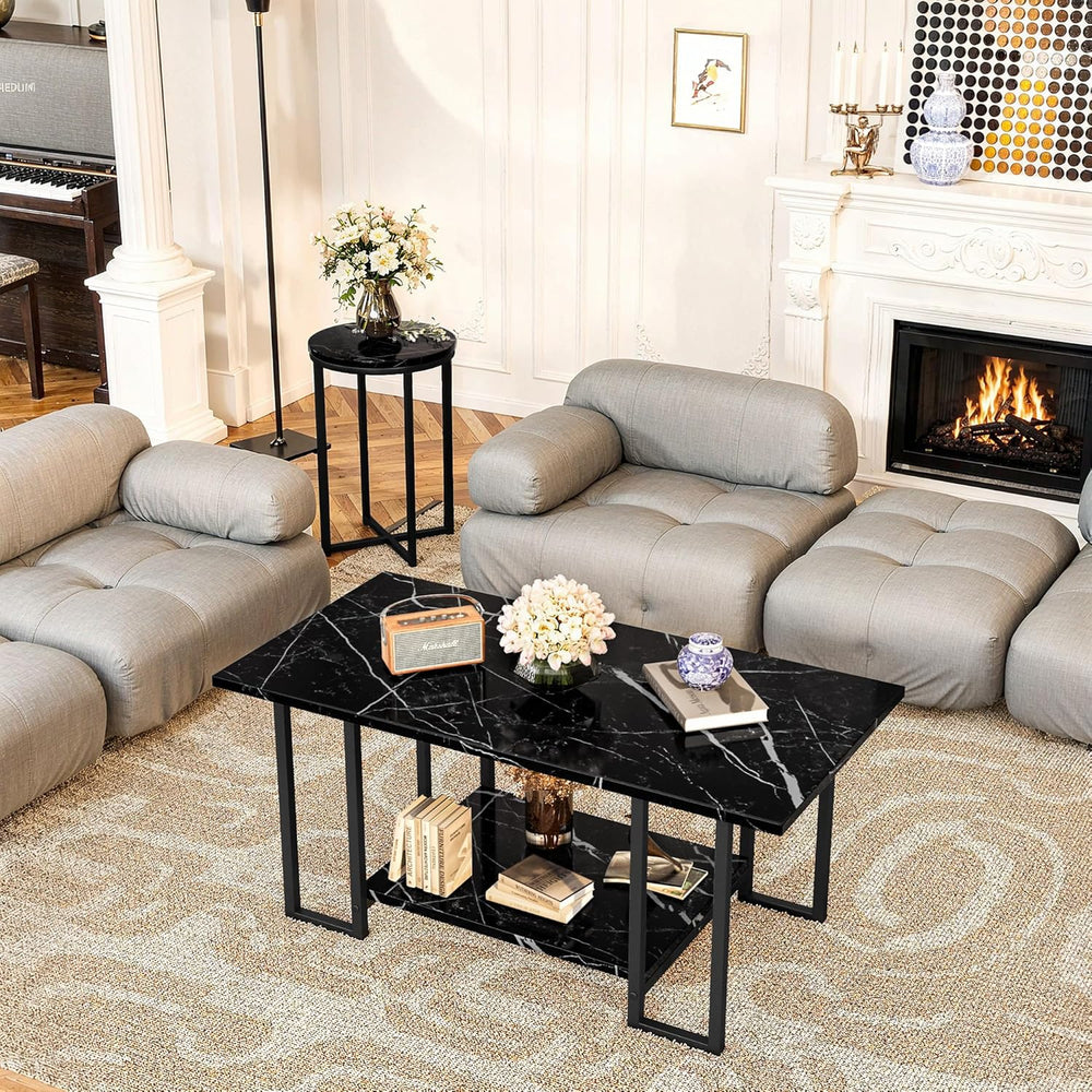 Lamerge 3 Pieces Living Room Table Set, Faux Marble Coffee Table with 2 Round...