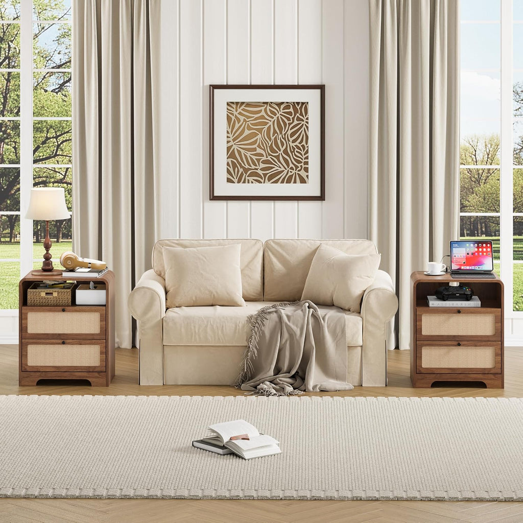 Set of 2 Night Stand with Charging Station, 19.7" Wooden Side Table Curved Nightstands with 2 Drawers & USB/Type-C Ports, Mid Century Modern End Table for Living Room, Bedroom, Nature Linen, Walnut