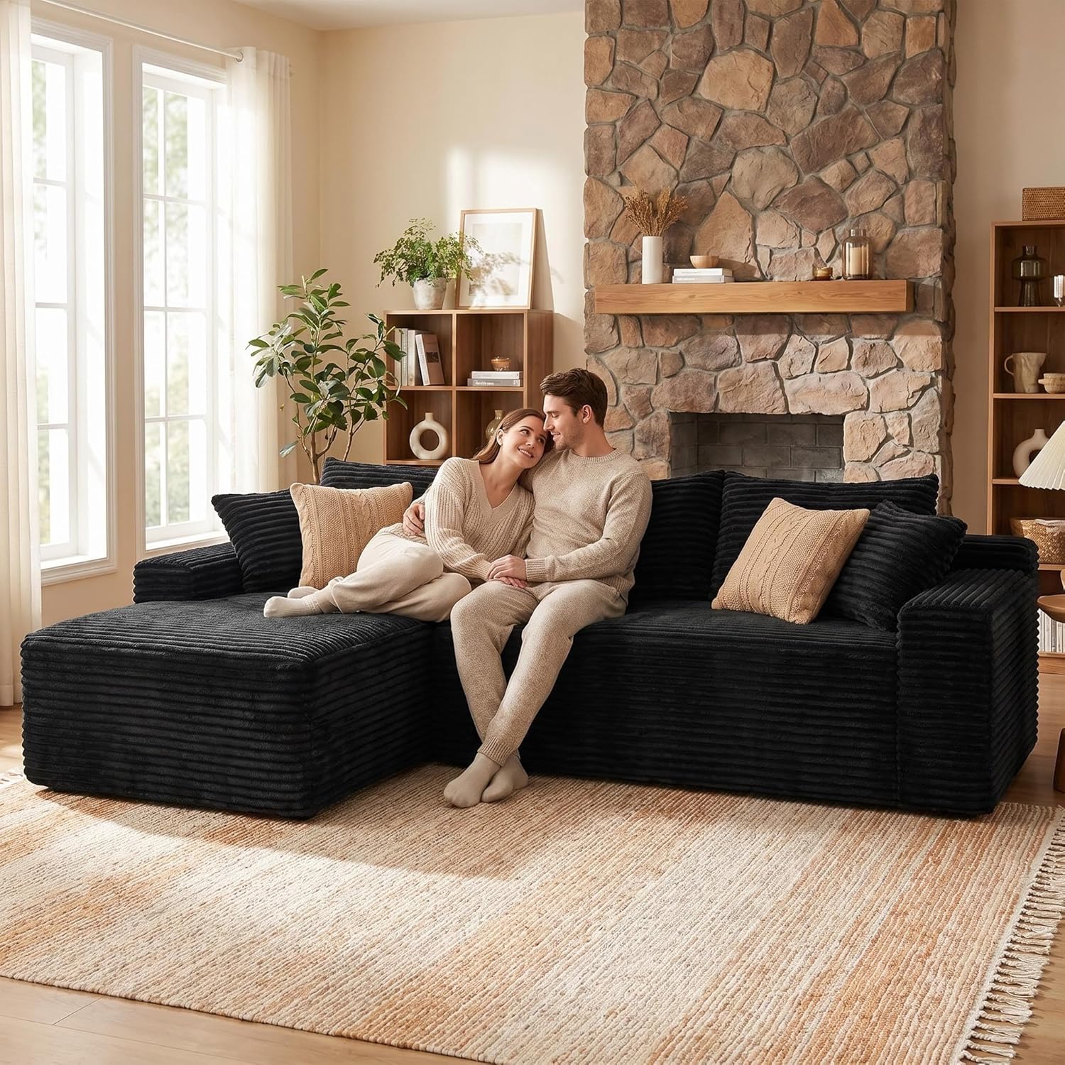95" L-Shaped Cloud Sectional Couch, Left Facing Modular Compressed Boneless Sectional Sofa with Chaise Lounge, Plush Corduroy Boneless Corner Sofa for Living Room