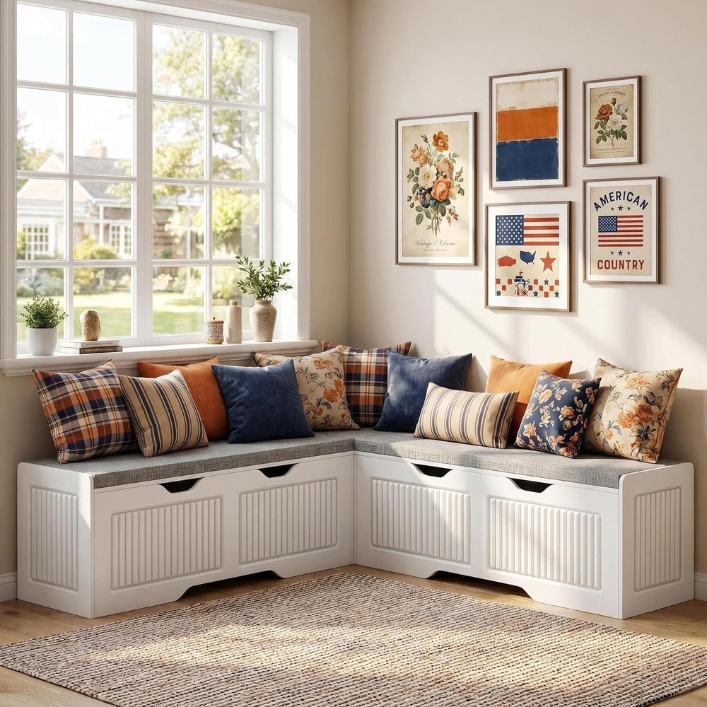 L Shaped Corner Shoe Storage Bench with Cushion, Kitchen Breakfast Nook Bench...