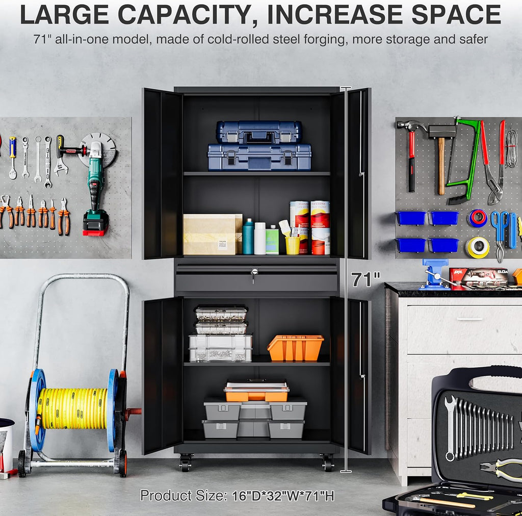 Metal Garage Storage Cabinet with Wheels and Drawer,73" Tall Black Rolling Garage Cabinet with Locking Doors and Adjustable Shelves,Mobile Metal Storage Cabinets on Wheels for Home,Office,Garages,Tool