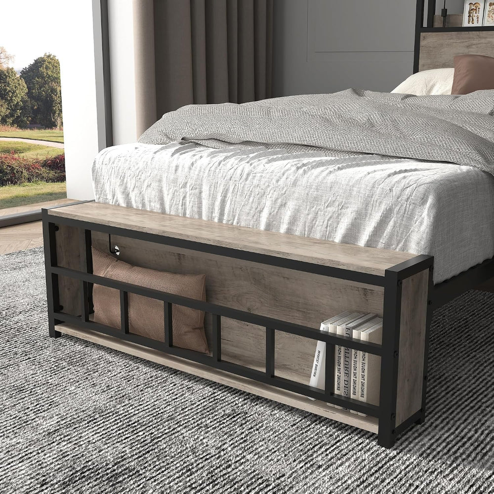 Peanu Twin Bed Frame, Charging Station, LED Headboard, Black Gray