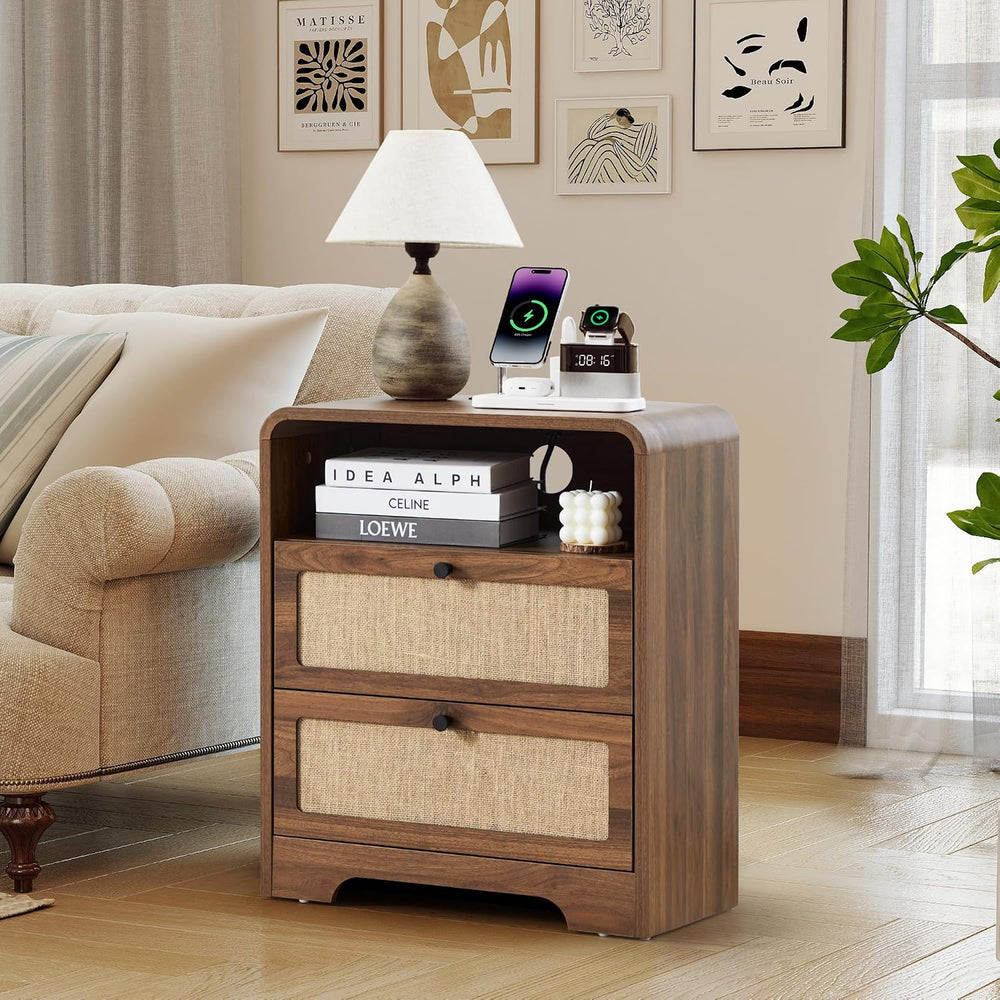 Farmhouse Nightstand with Charging Station, Night Stand with 2 Drawers, Mid-C...