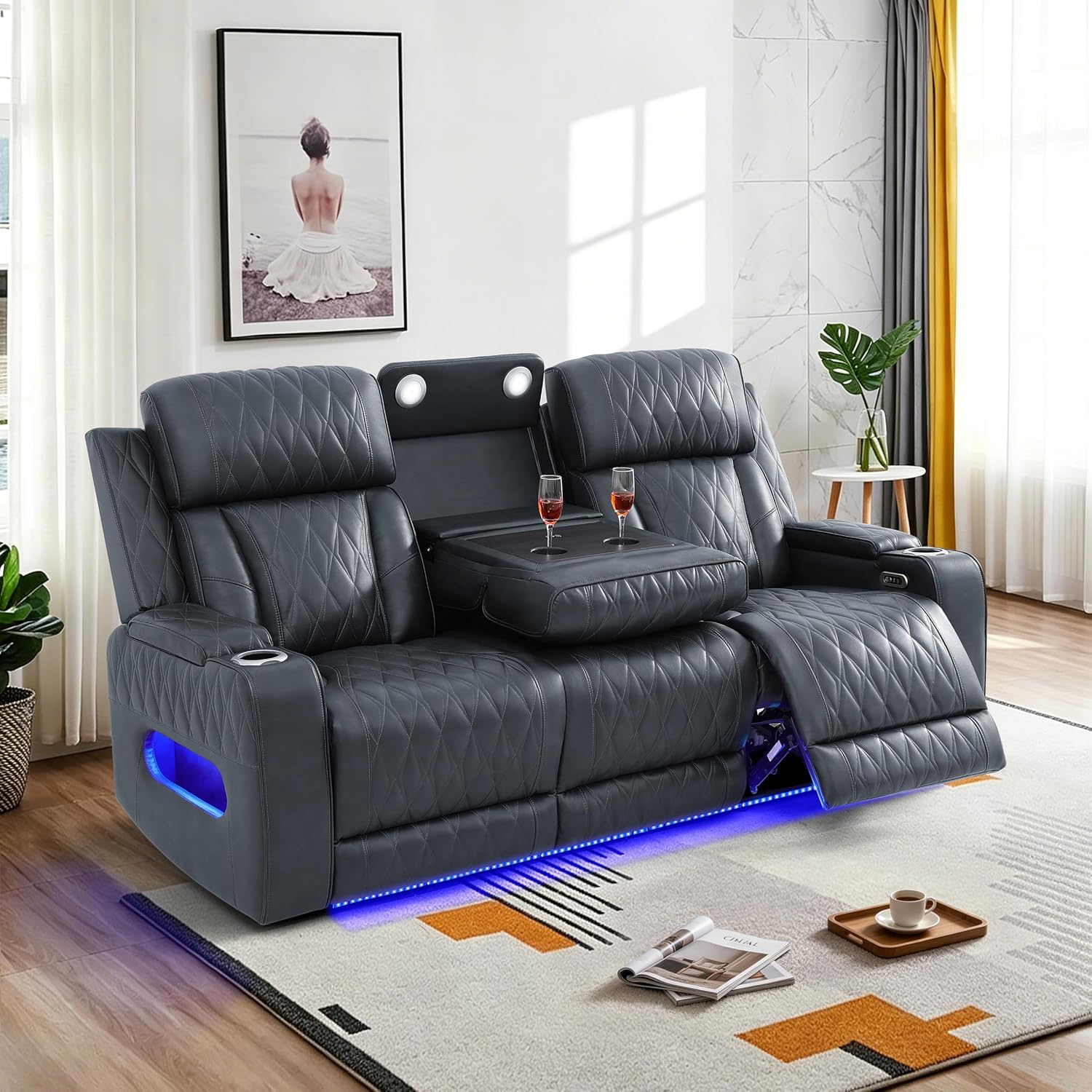 Breathing Leather Power Reclining Sofa Set, Living Room Furniture Set with Recliners, Leather Couch Loveseat and Chair with LED Lights/USB Ports/Storage (Black Gray, 3-Seat Sofa)