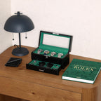 ROTHWELL 4-Slot Piano Black Watch Box with Valet Drawer - Premium Jewelry Display Case Organizer with Locking Glass Top and Microsuede Liner for Men & Women (Green Interior)