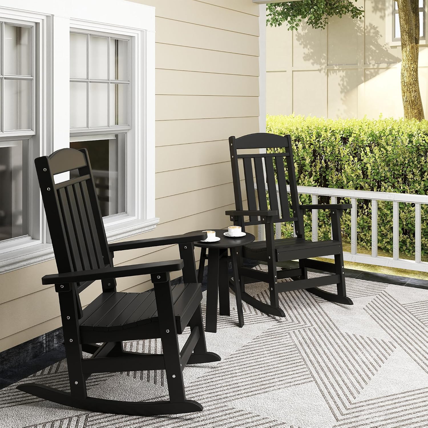 NAVINE Outdoor Rocking Chairs Set of 2, Oversized High Back Patio Rocking Chairs, All Weather Porch Rocking Chairs for Outside. Black