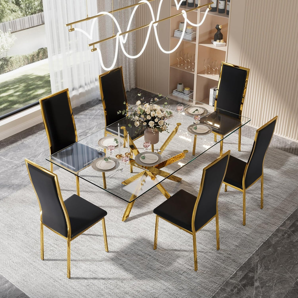 Modern Dining Chairs Set of 4, Black Faux Leather with Chrome Gold Metal Legs...