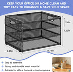 Subekyu Paper Letter Tray Organizer for Desk, Black Metal Mesh Desk File Sorter Organizer with Handle and 2 Sliding Trays for Home Office School Supplies Organization