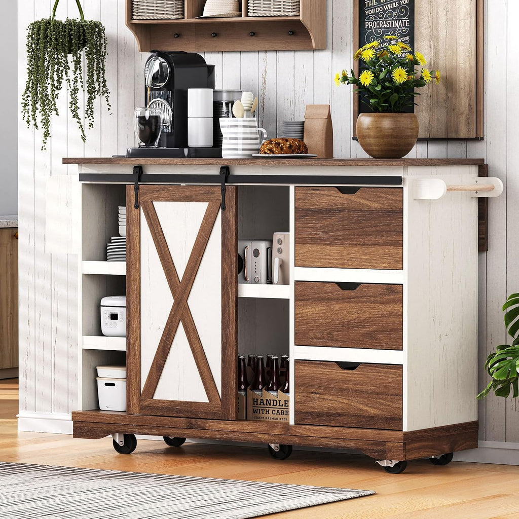 Ball & Cast Farmhouse Kitchen Island with Drop Leaf & Barn Door,Rolling Kitchen Cart on Wheels with Power Outlet,3 Large Drawers,Adjustable Shelf & Spice Rack,for Home,Kitchen,Dining Room,White,56"