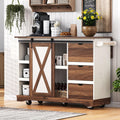 Ball & Cast Farmhouse Kitchen Island with Drop Leaf & Barn Door,Rolling Kitchen Cart on Wheels with Power Outlet,3 Large Drawers,Adjustable Shelf & Spice Rack,for Home,Kitchen,Dining Room,White,56"