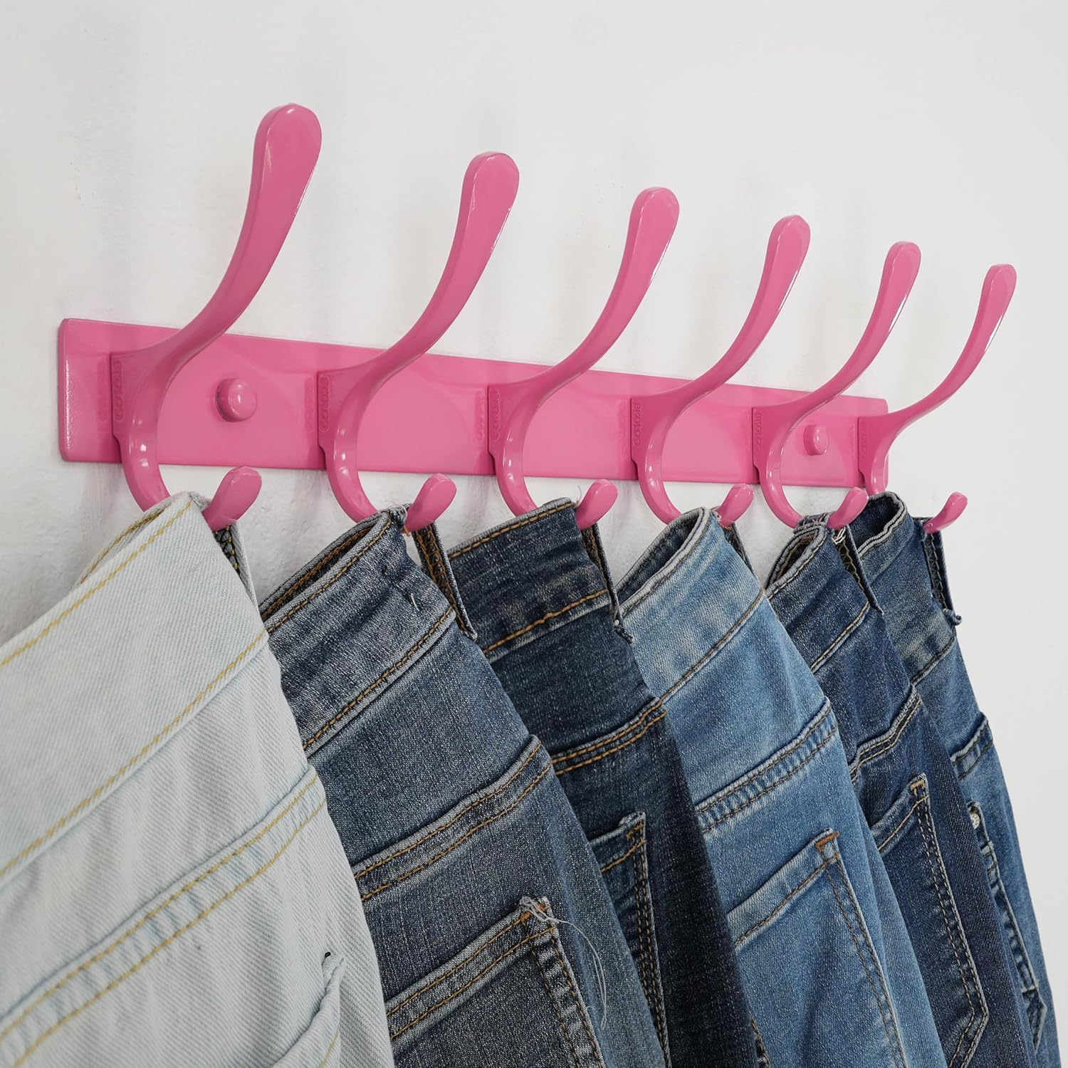SKOLOO Wall Mounted Coat Rack - 6 Hooks, Pack of 2, Heavy Duty, Stainless Steel, Metal Wall Hanger, Sturdy Coat Hooks for Hanging Coats, Jackets, Clothes, Hats - Pink