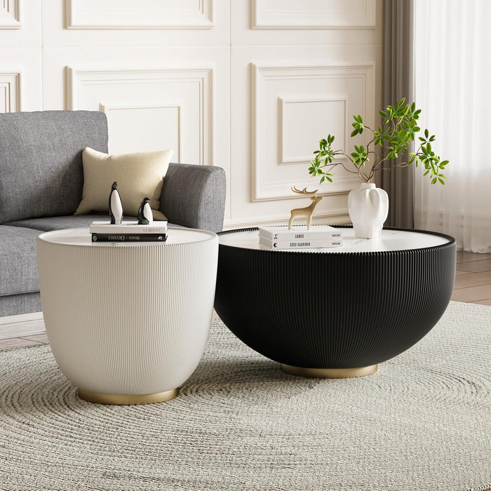 Round Living Room Table Set, 27.56" Black Drum Center Table and 19.69" White Coffee Table Set, 2 Pieces Coffee Table Set with Sintered Stone Tabletop, Fluted PU Leather Covered and Metal Base