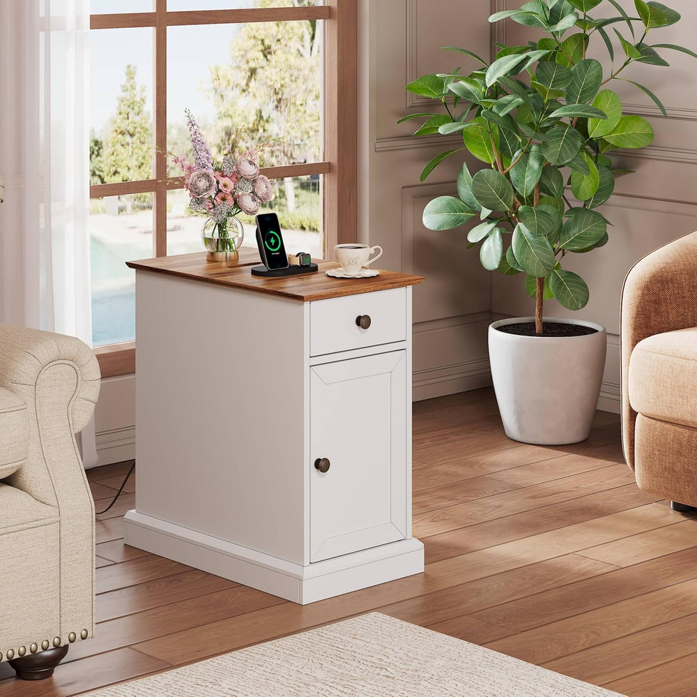 WLIVE End Table with Charging Station, Narrow Sied Table with Drawer & Ca...