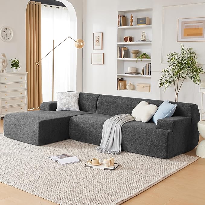 107" Modular Sectional Cloud Couch, Boneless couches Sponge sectionals for Living Room, High Density Sponges Sofa, Modular L-Shape with Chaise, Darkgrey