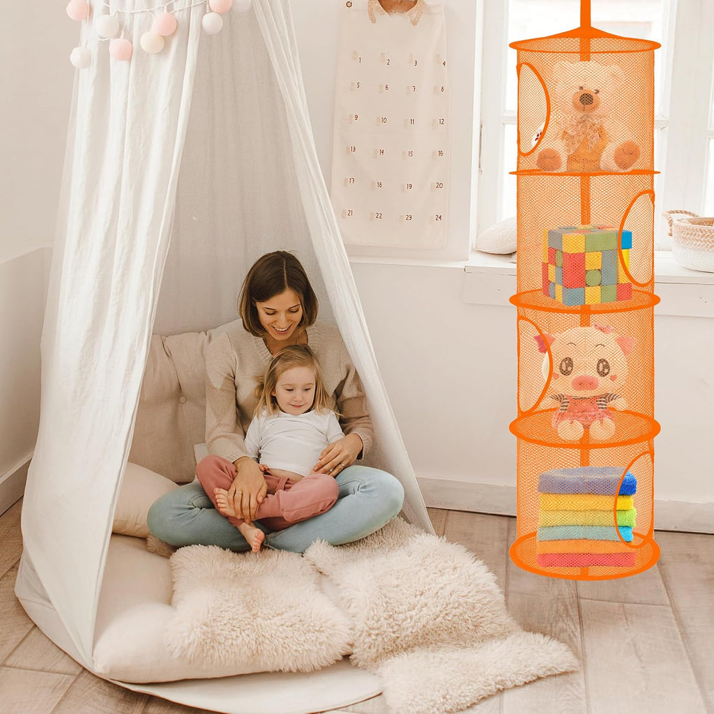 Libeder Mesh Hanging Storage Space Saver Bags Organizer,Foldable Storage Organizer 4 Compartments Toy Storage Basket for Kids Room Bathroom 2 Sets Orange