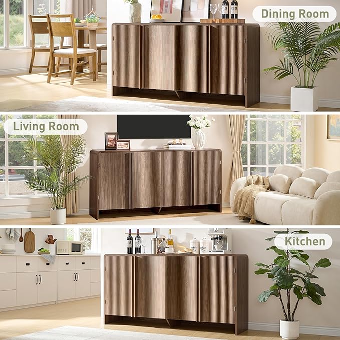 AMERLIFE 63" Fluted TV Stand Media Console Cabinet with Storage, Modern Credenza Entertainment Center with 4 Doors & Adjustable Shelves, Wood Coffee Bar for Living Room, Hallway, Brown