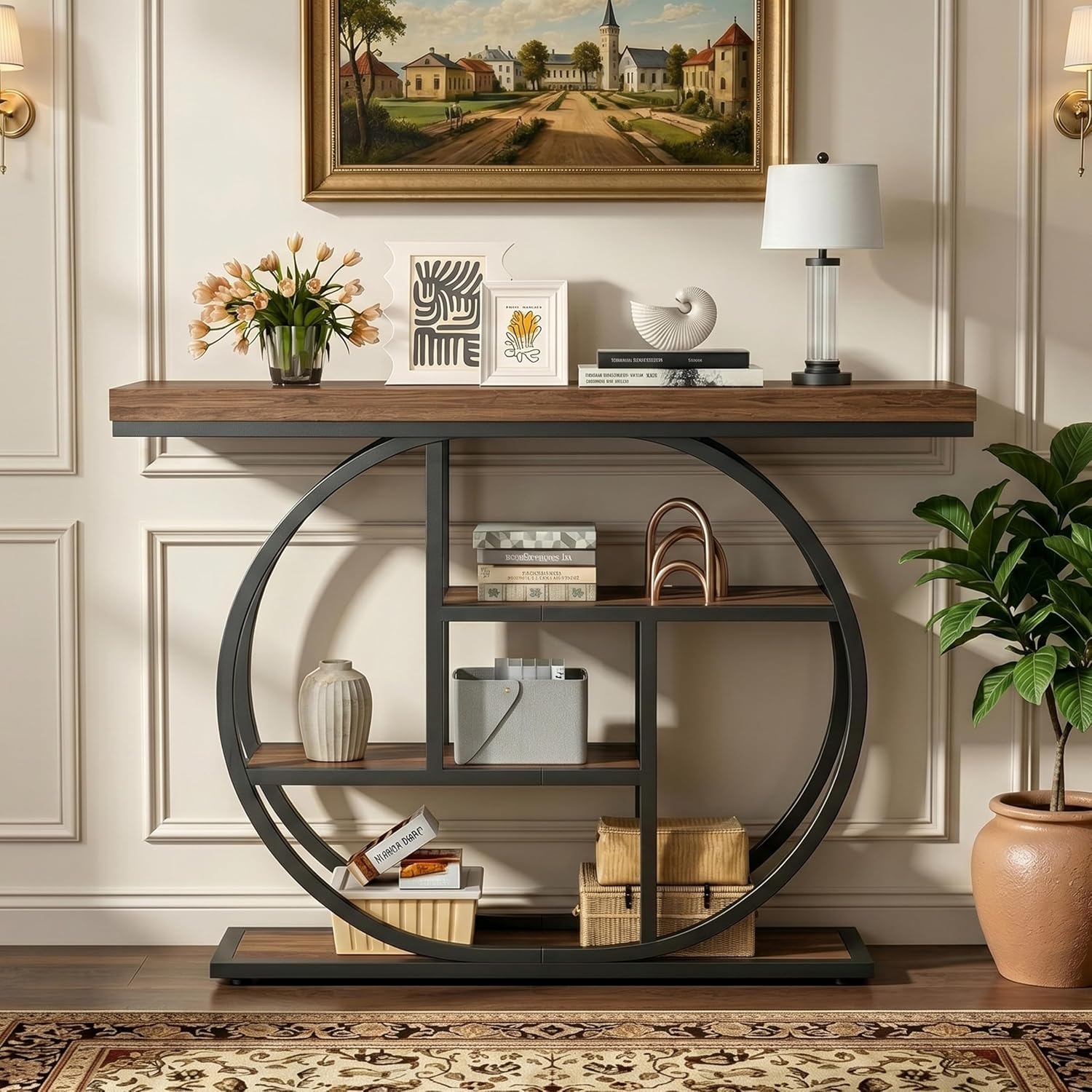Shintenchi 41.3” Console Table with Storage, Industrial Entryway Table, 4-Tier Shelves Sofa Table Behind Couch, Narrow Wood Accent Table for Living Room, Entryway,Entrance, Hallway, Foyer,Rustic Brown