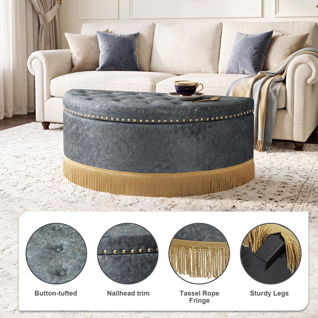 Homebeez 43.3" Half Moon Ottoman, Velvet Tufted Upholstered Footstool, with Nailhead Trim & Bullion Fringe, Decorative Accent Seating for Living Room, Bedroom, Entryway, Vanity, Vintage Furniture