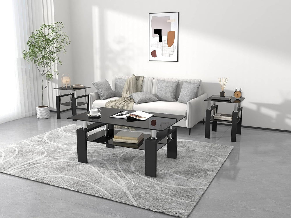 IANIYA Modern Tempered Glass Coffee Table Set - 3 Piece Living Room Table Set...