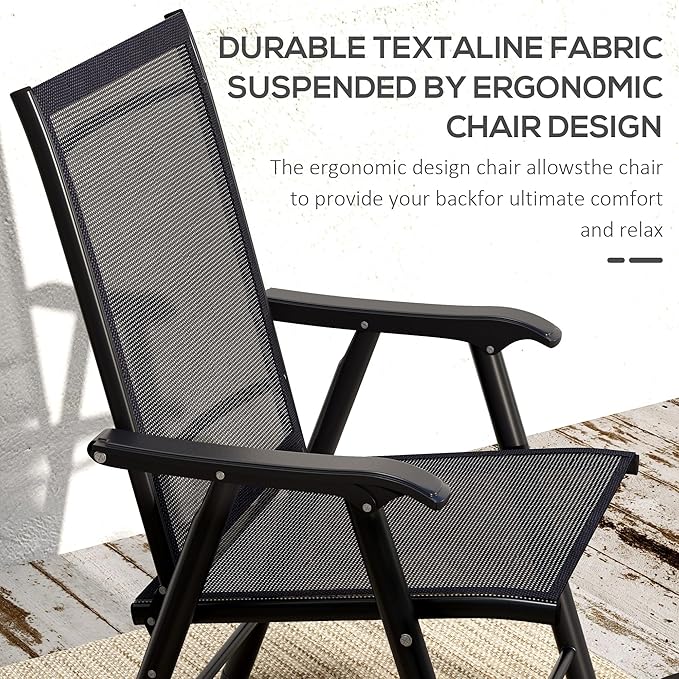 Outsunny Set of 4 Patio Folding Chairs, Stackable Outdoor Sling Patio Dining Chairs with Armrests for Lawn, Camping, Dining, Beach, Metal Frame, No Assembly, Black