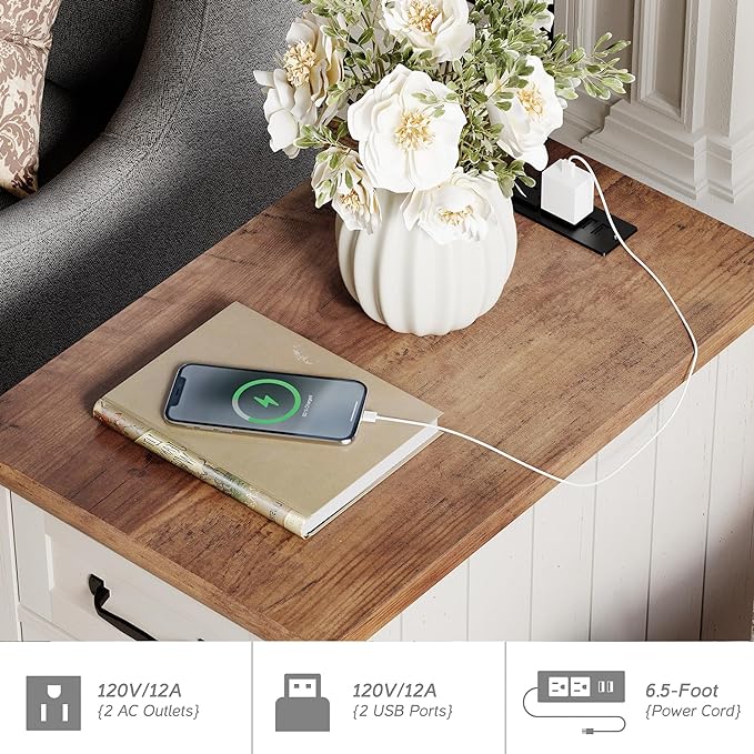 WAMPAT 2 Pack Off White End Table with Charging Station, Wood Side Sofa Table...