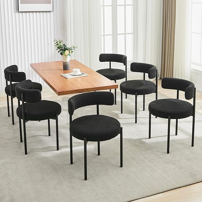 Boucle Dining Chairs Set of 2, Mid Century Modern Dining Room Chairs with Barrel Backrest, Upholstered Black Kitchen Chairs for Dining Room, Restaurant