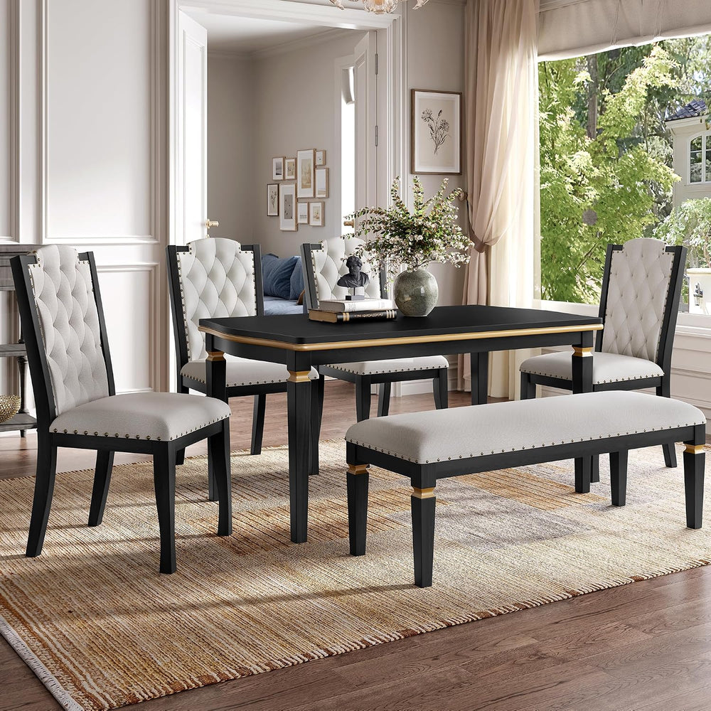 LUMISOL 6-Piece Farmhouse Dining Table Set, 60” Solid Wood Table, 4 Upholster...