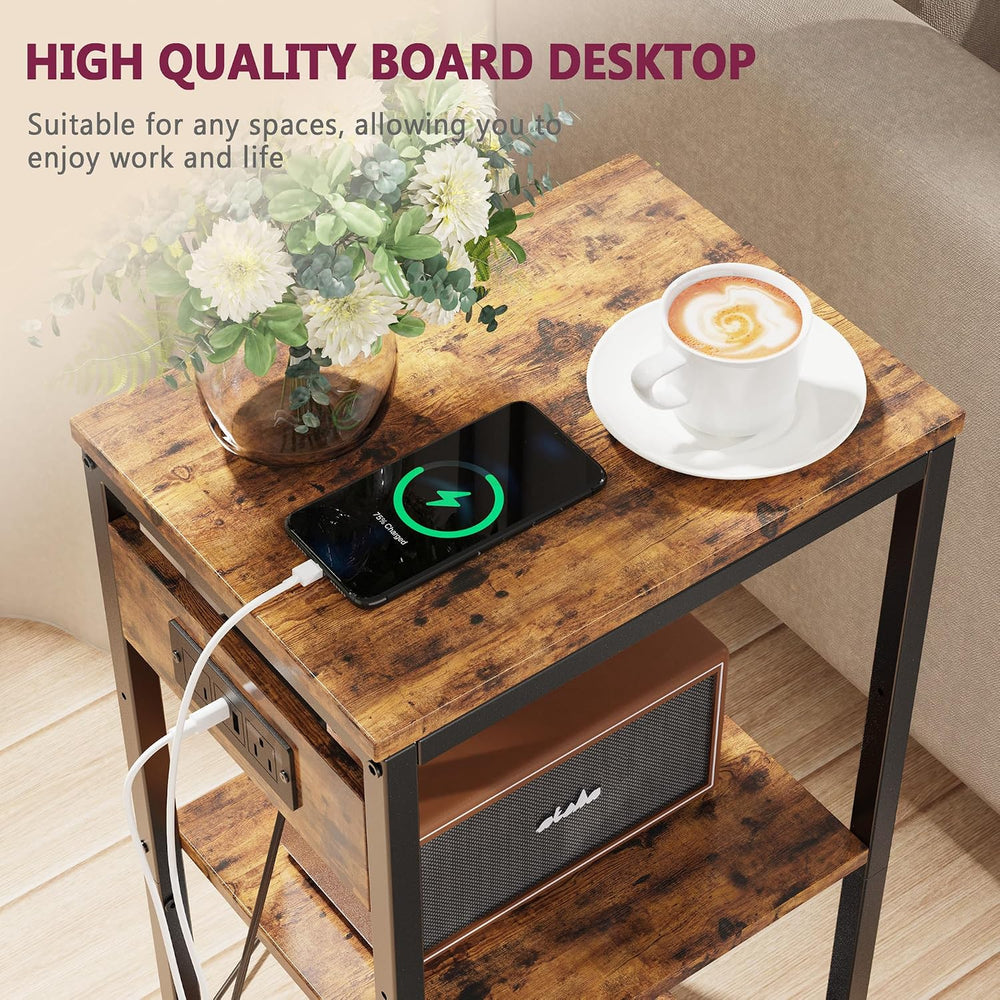 Side Table with Charging Station, Nightstand with USB Ports and Outlets, Tall...