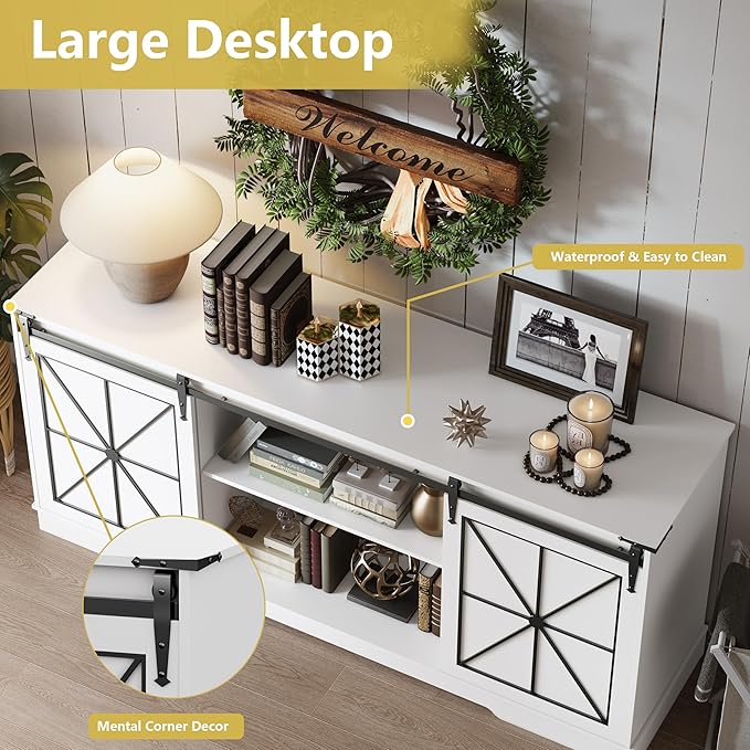 Farmhouse TV Stand for 65/60/55 Inch Tvs, Modern Entertainment Center with Storage Cabinets & Sliding Barn Doors, Rustic Media Console Table, Wood Television Furniture for Living Room, Bedroom, White