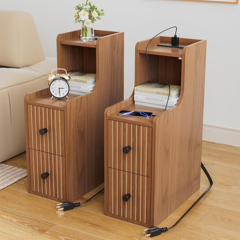 Set of 2 Narrow Side Table with Charging Station, Wooden Slim End Table with ...