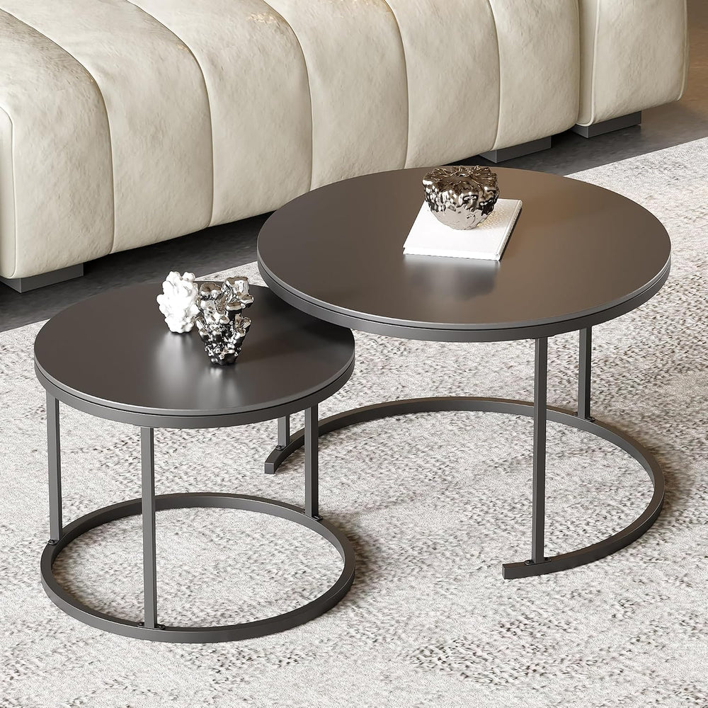 Round Nesting Coffee Table, Black Modern Decorative Coffee Center Table Set o...