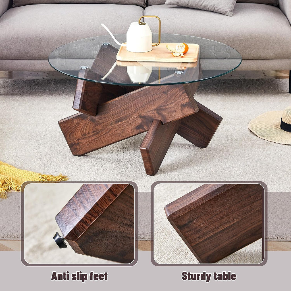 Round Glass Coffee Table, 33.4-Inch Clear Tempered Glass Top | Rustic Walnut-Finish Crossed Base, Modern Glass Center Table for Living Room, Apartment and Small Spaces